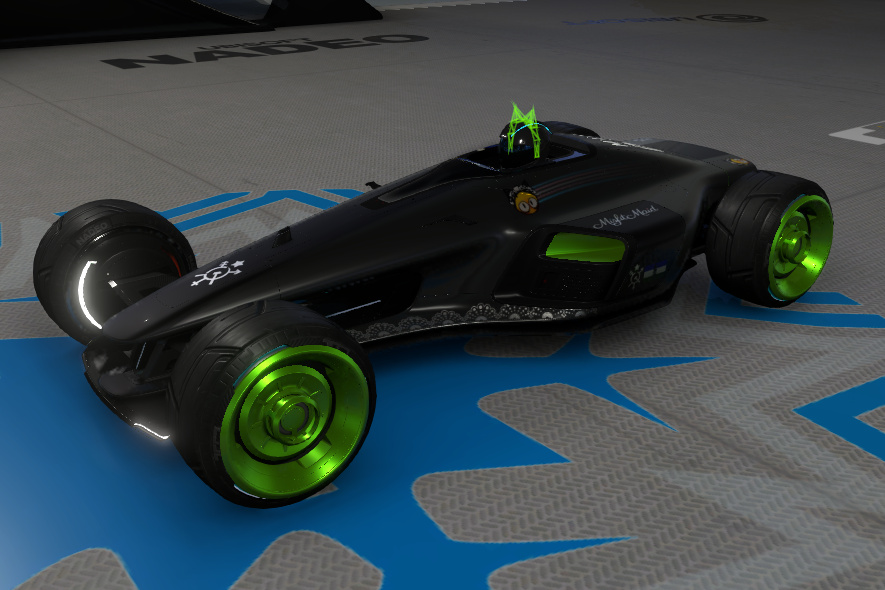 Screenshot of a Trackmania car with a set of green cat ears. This is an example of a custom hat provided by this plugin.
